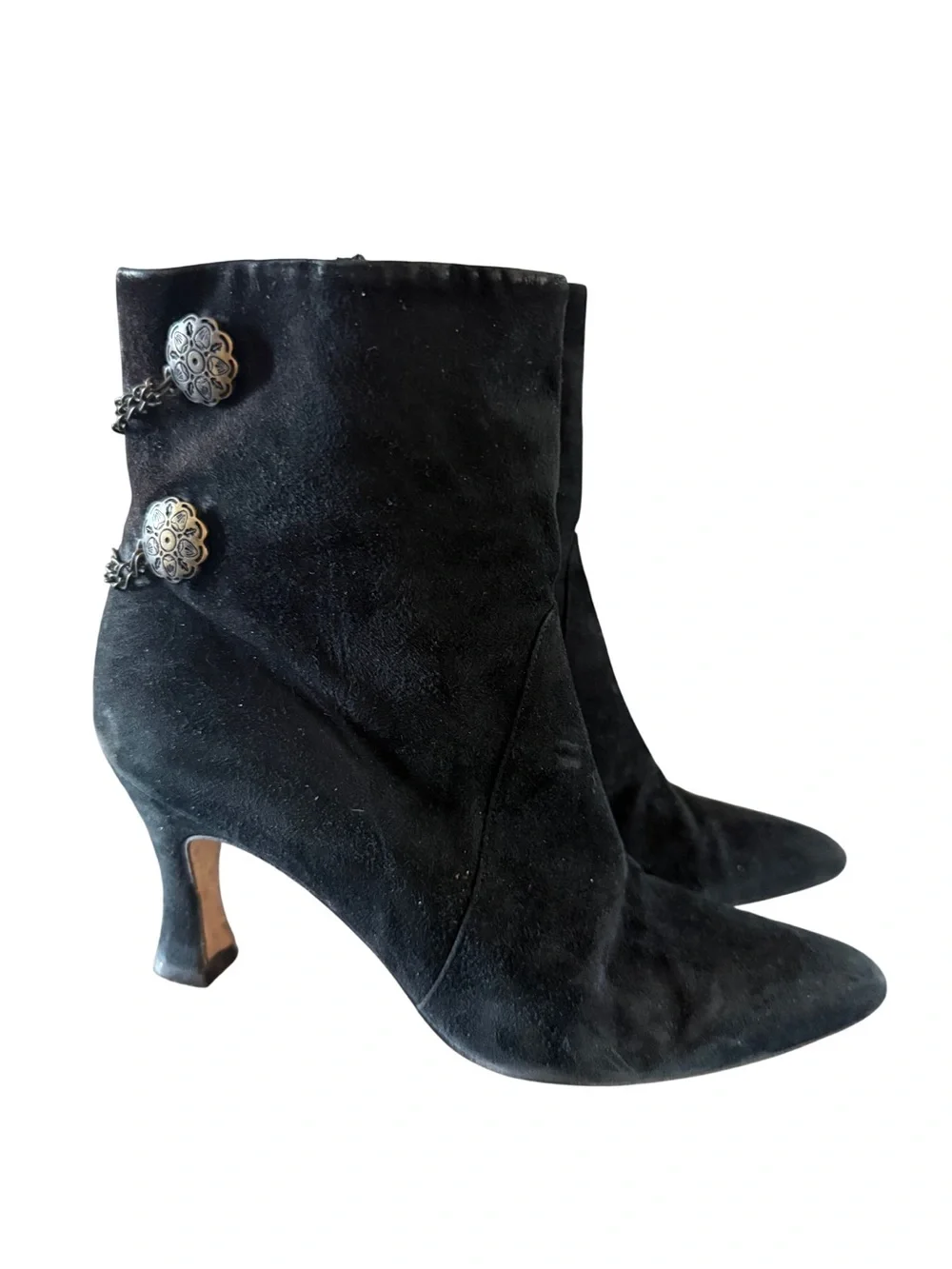 Bally Suede Vintage Medallion Chain Pointed Toe Heel Boots Size 8